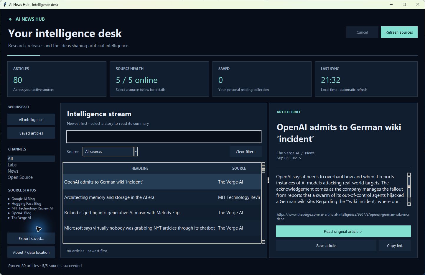 AI News Hub 0.2.0 running on Windows with five online sources, chronological headlines, and an article brief