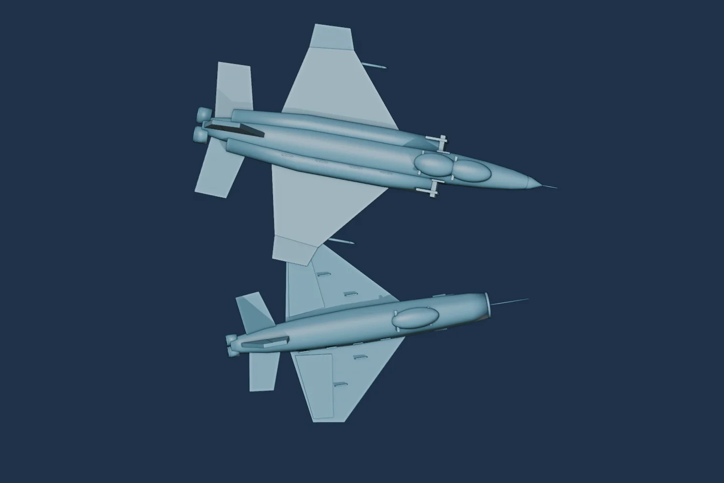 Orthographic clay render of the two actual aircraft models, showing their different wing shapes, proportions, engines and cockpit layouts