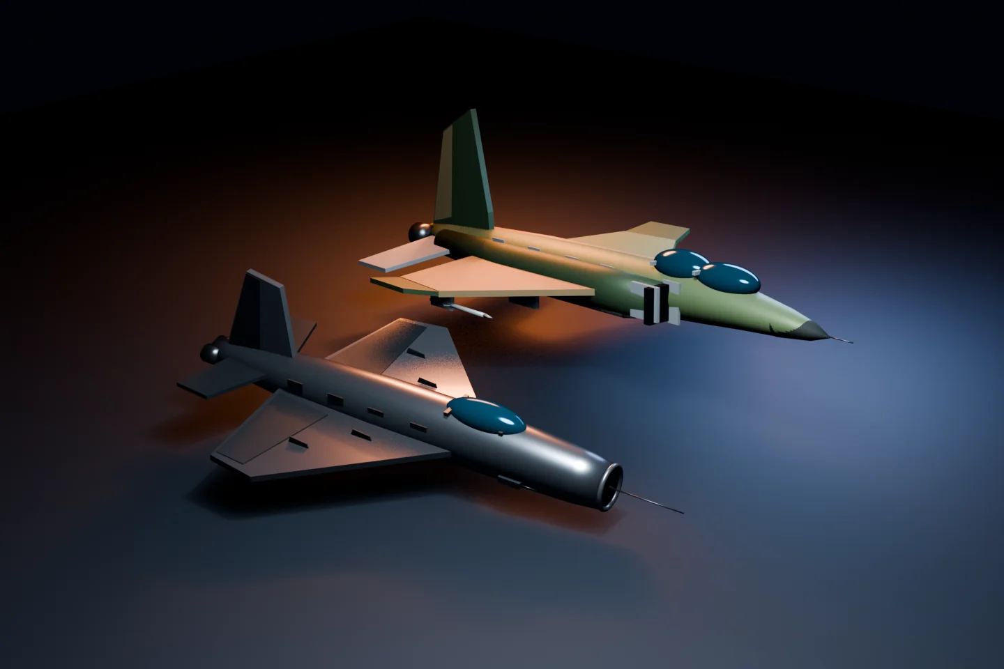 Two locally built aircraft models with canopy, intake, wing and airframe detail under studio lighting
