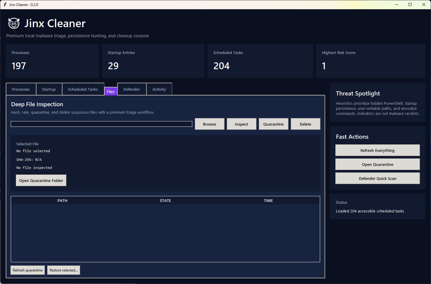 Jinx Cleaner 0.2.0 running on Windows, showing the Files panel with quarantine and restore controls
