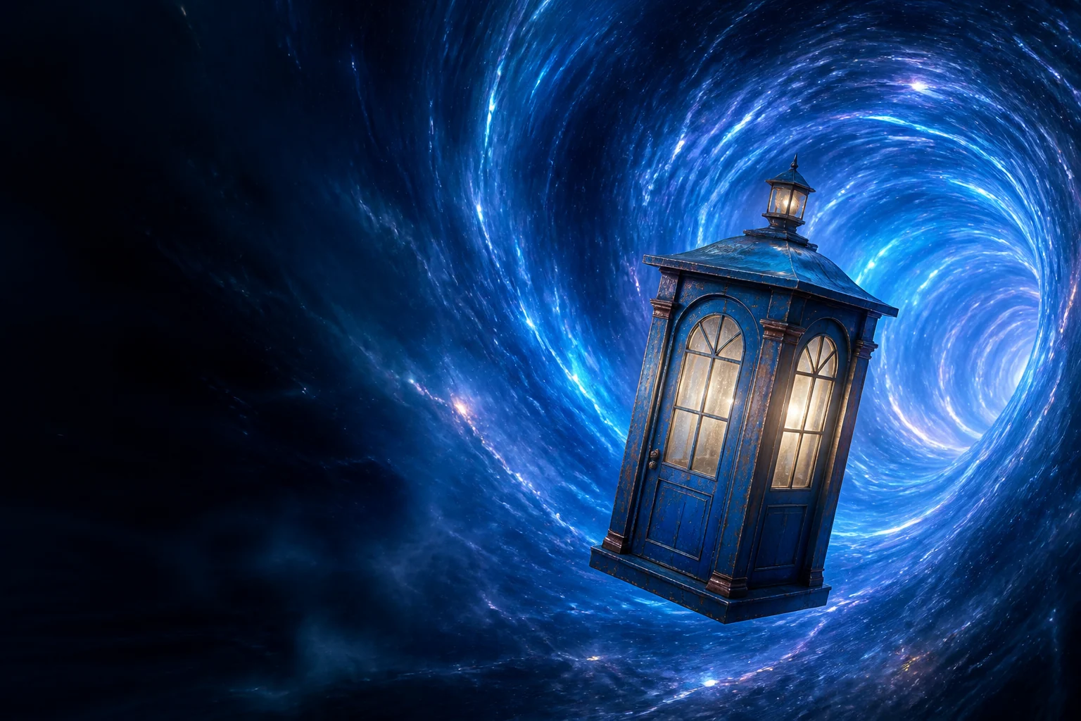 Original illustration of a blue telephone box flying through a swirling blue time vortex